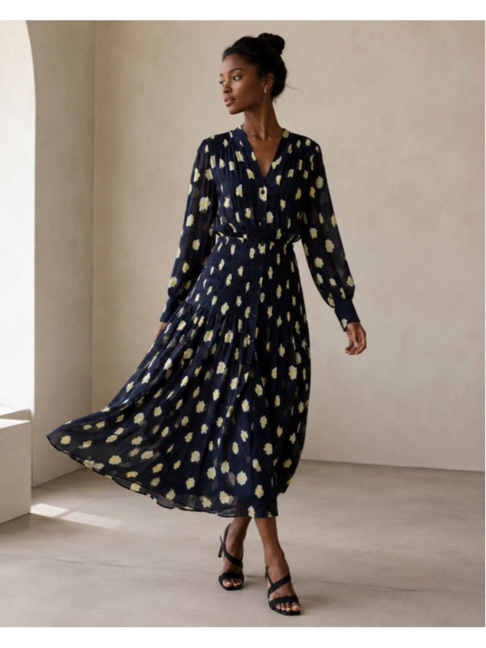 NWT Jason Wu x RTR Smocked Chiffon Midi Dress Navy Ivory S/M‎